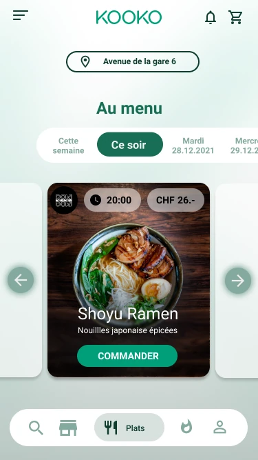 La deuxième application Kooko en mode clair, avec l’adresse de livraison, le choix du soir et un plat prêt à être commandé.