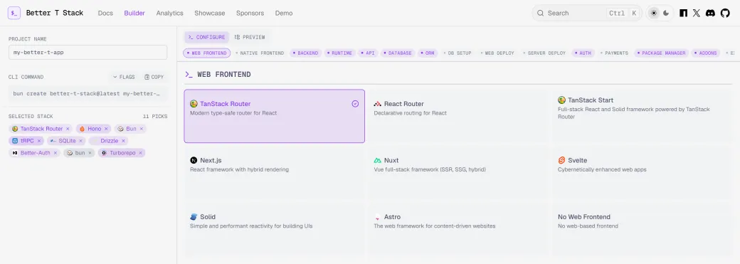 Le générateur Better-T-Stack. Dans la colonne de gauche, la commande CLI bun create better-t-stack@latest et une stack sélectionnée affichant onze choix, avec des étiquettes pour TanStack Router, Hono, Bun, tRPC, SQLite, Drizzle, Better-Auth, bun et Turborepo. Une barre de sections de configuration déborde du bord droit : frontend web, frontend natif, backend, runtime, API, base de données, ORM, configuration de la base, déploiement web, déploiement serveur, authentification, paiements, gestionnaire de paquets, extensions. En dessous, la section frontend web propose neuf options, de TanStack Router et Next.js à Astro ou aucun frontend web.