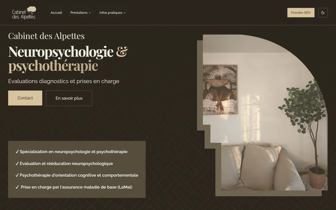 The Cabinet des Alpettes website, its services listed beside a photograph of a consulting room.