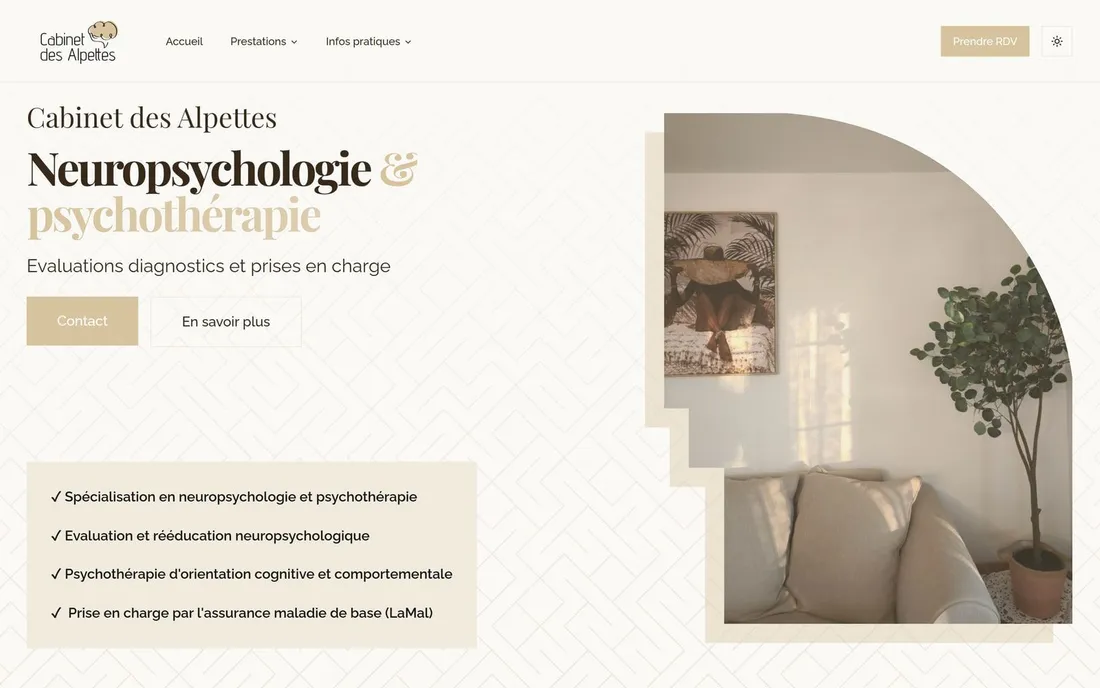 The Cabinet des Alpettes website, its services listed beside a photograph of a consulting room.