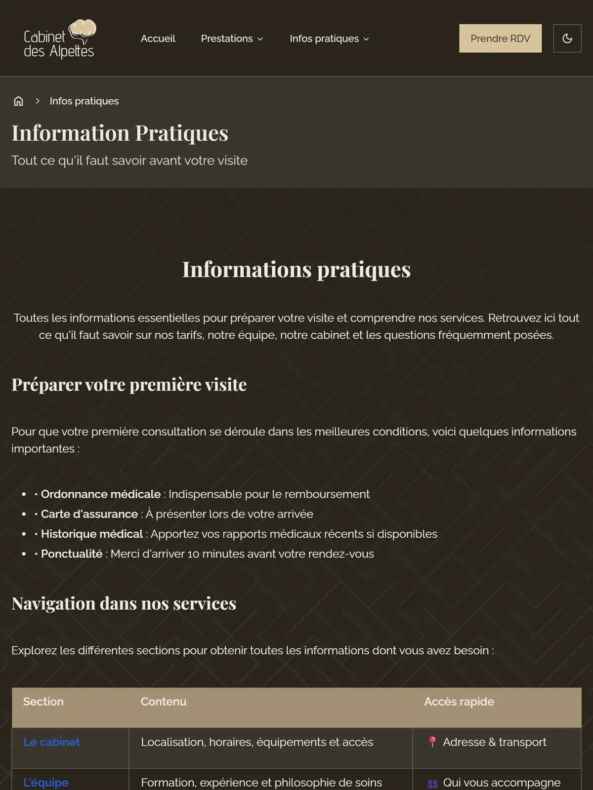 La page des informations pratiques sur une tablette, avec son tableau des sections sous le texte.