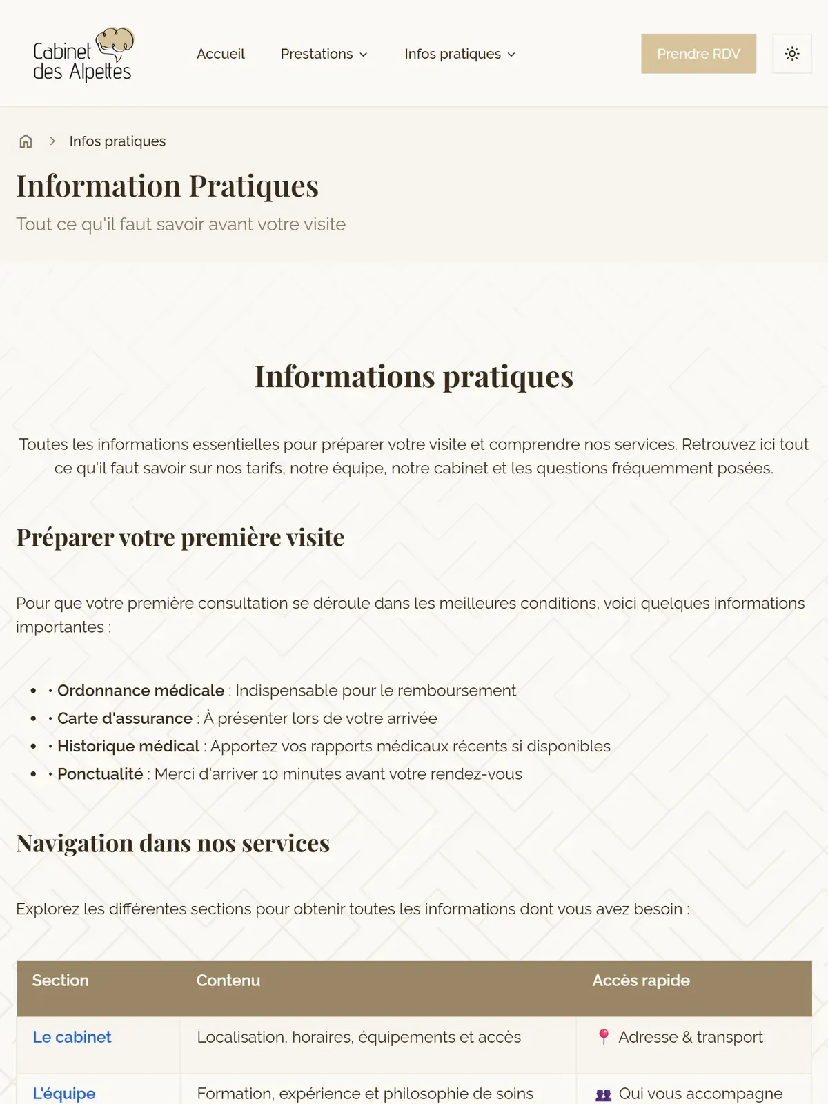 La page des informations pratiques sur une tablette, avec son tableau des sections sous le texte.