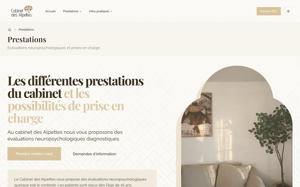 La page des prestations du cabinet, où les catégories de prestations sont affichées sous forme de cartes accompagnées d’une courte description.