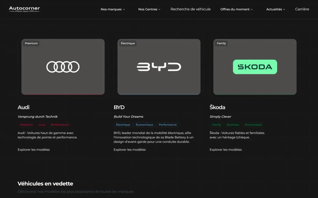 La page des marques d’Autocorner avec des cartes pour Audi, BYD et Škoda, chacune utilisant son logo, son discours et sa couleur d’accent.