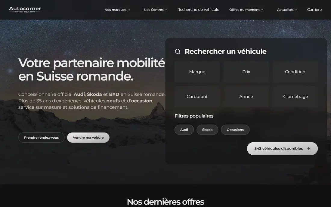 The Autocorner website, a vehicle search panel standing open over a night photograph of a mountain range.