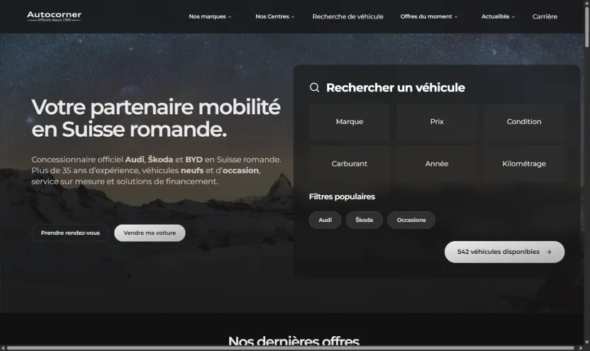 Le moteur de recherche initial d’Autocorner, avec des filtres populaires et le nombre de véhicules actuellement disponibles.