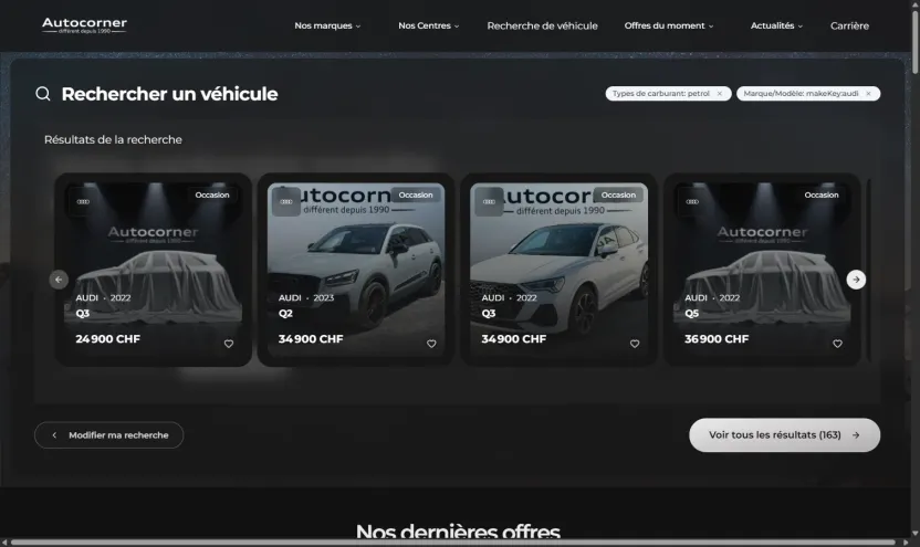 La page d’accueil d’Autocorner affichant un aperçu de véhicules Audi essence correspondant à deux filtres actifs — marque et carburant — avec un lien vers l’ensemble des 163 résultats.
