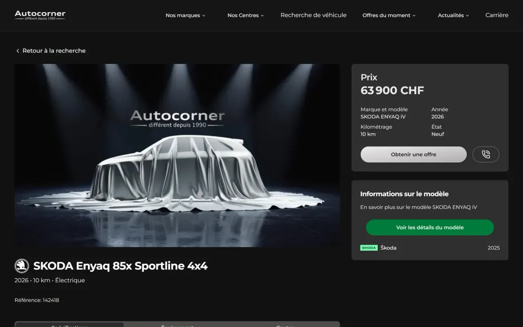 Une page véhicule d’Autocorner consacrée à une Škoda Enyaq, avec sa photographie, son prix, son kilométrage, ses équipements et le centre qui la propose.