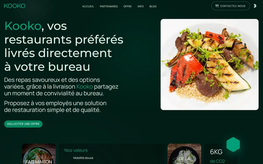 The Kooko website, a plated meal photographed beside the offer to deliver it to an office.