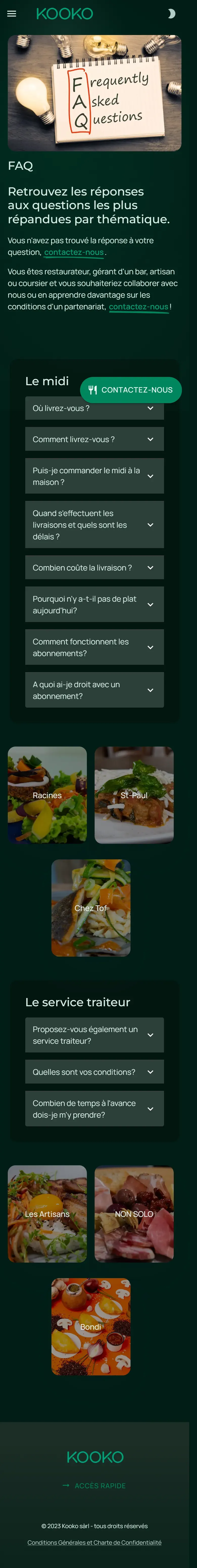 La FAQ de Kooko affichée sous forme de questions repliées sur un téléphone.