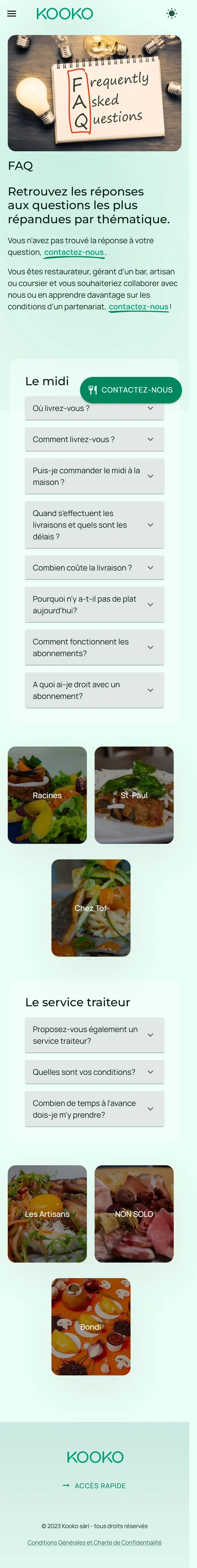 La FAQ de Kooko affichée sous forme de questions repliées sur un téléphone.