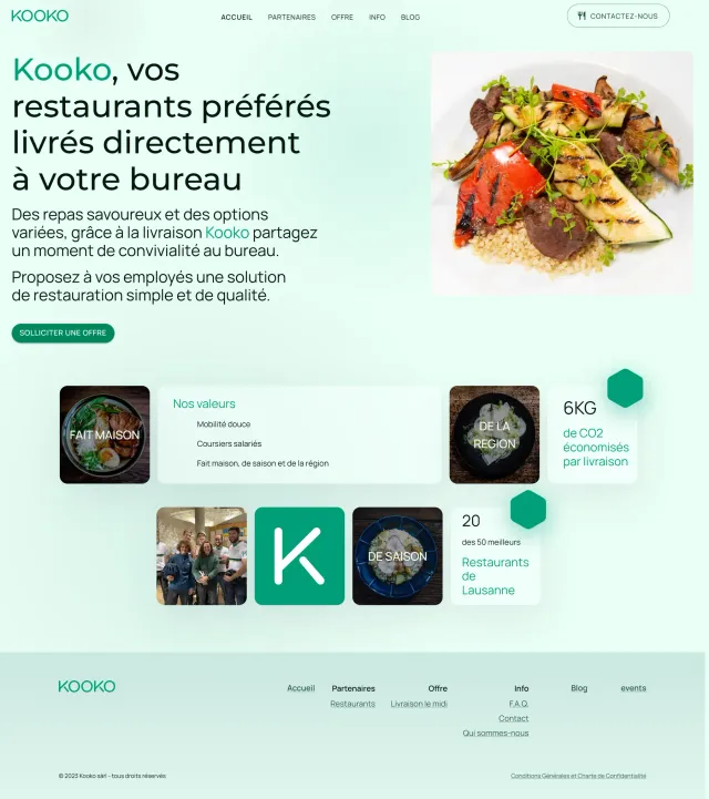La page d’accueil de Kooko dans un navigateur de bureau, présentant son service de livraison de repas au bureau sur la photographie d’un plat.