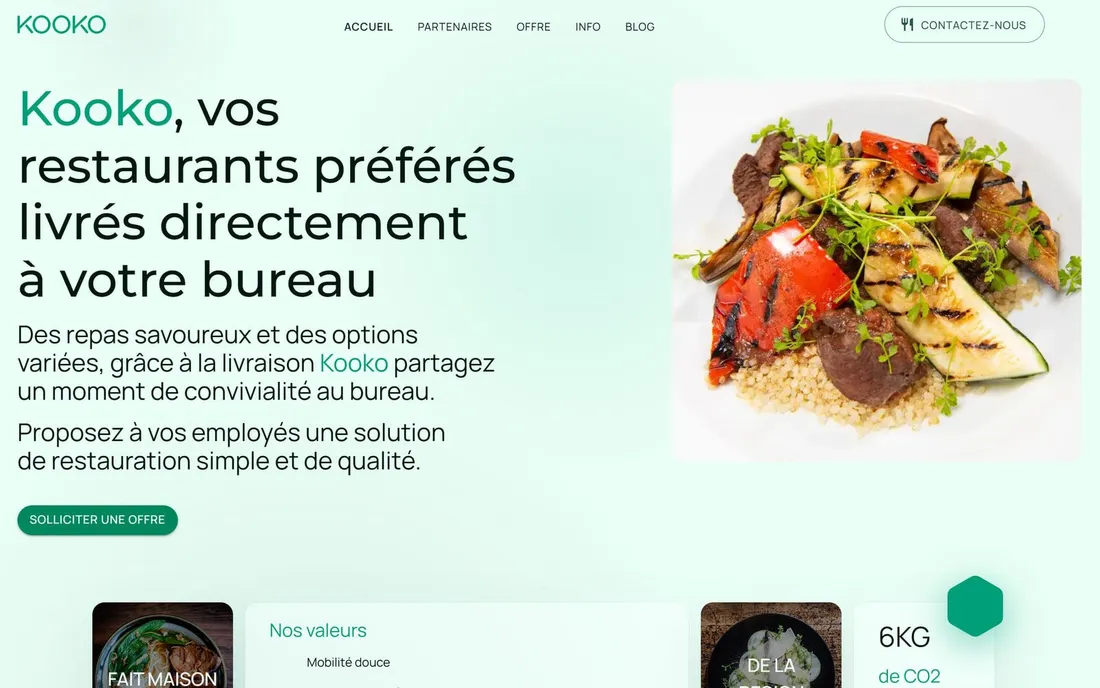 The Kooko website, a plated meal photographed beside the offer to deliver it to an office.