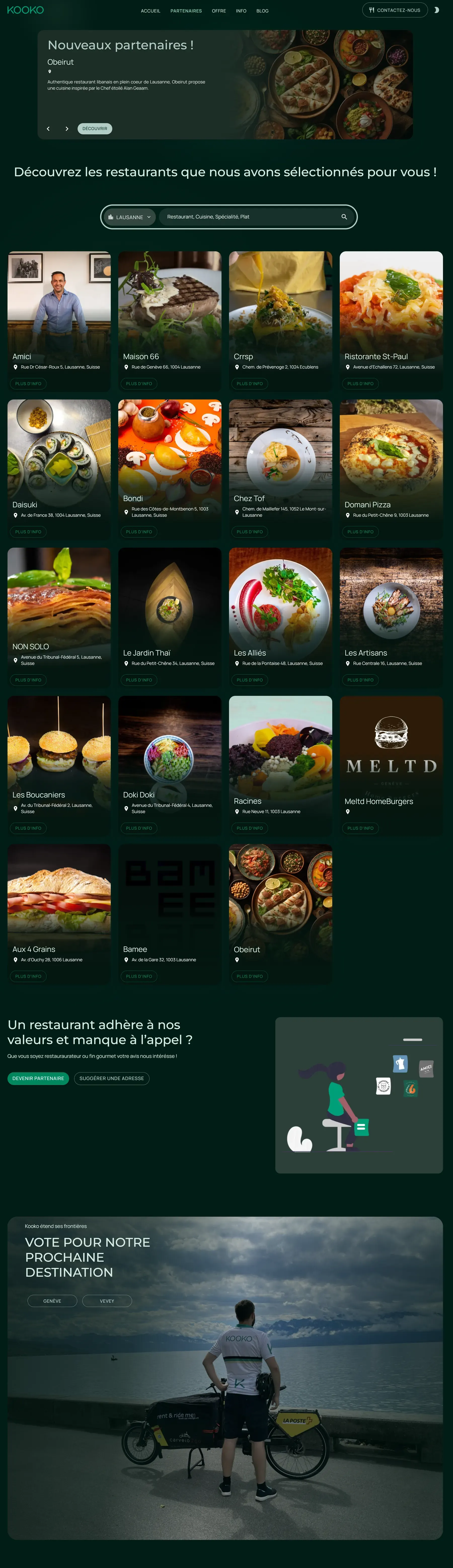 Le catalogue des restaurants Kooko affiché en grille dans un navigateur de bureau.