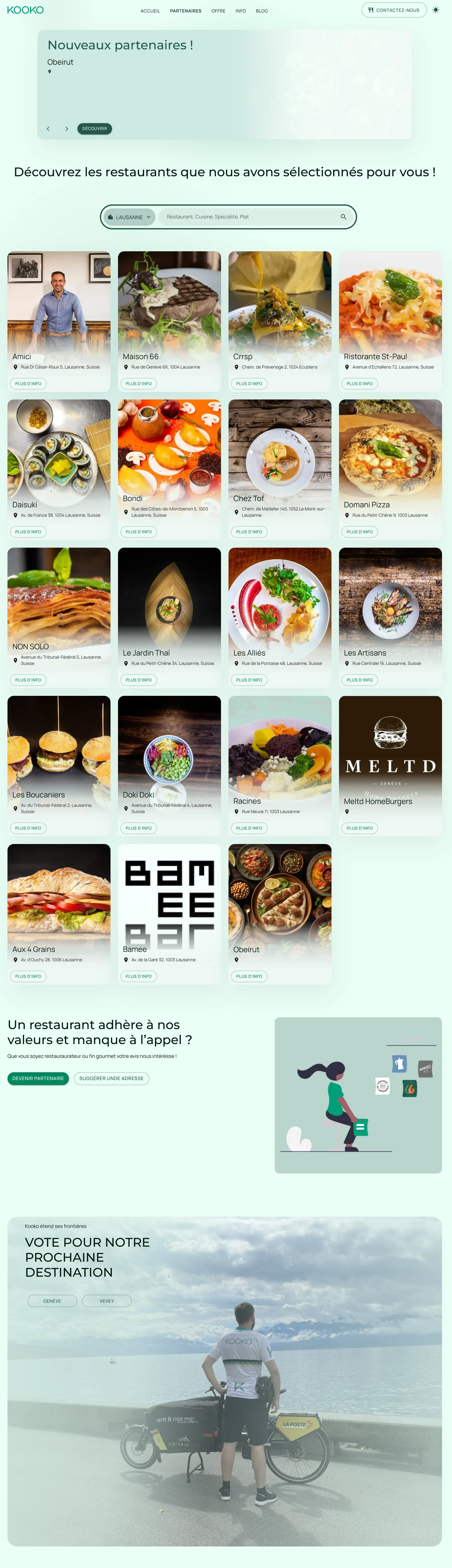 Le catalogue des restaurants Kooko affiché en grille dans un navigateur de bureau.
