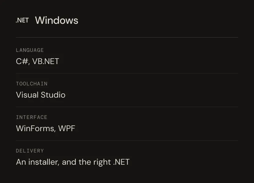 La stack Windows, de C# et Visual Studio jusqu’à l’installateur et au bon runtime .NET.